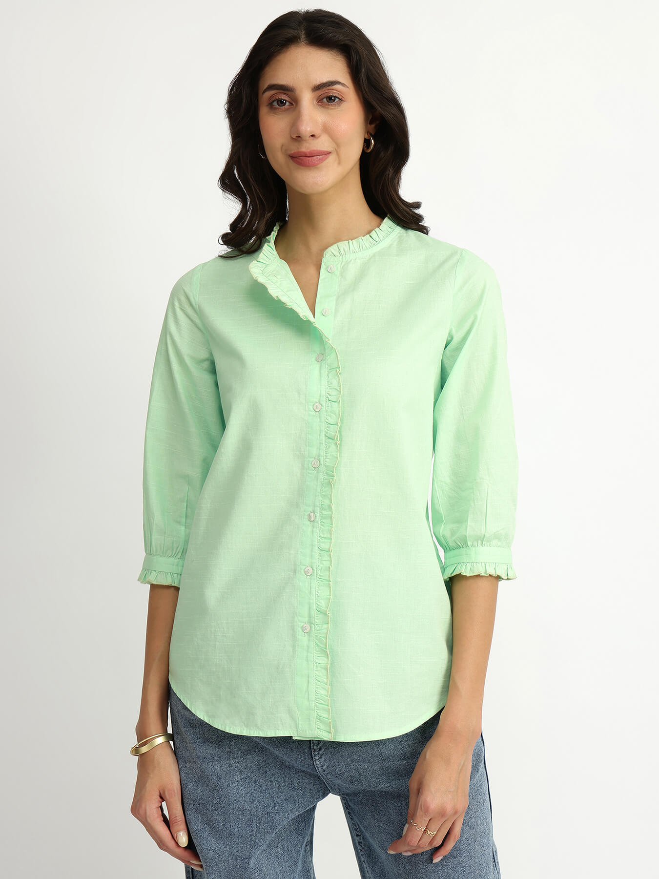 Luxe-Textured Cotton Solid Shirt - Green