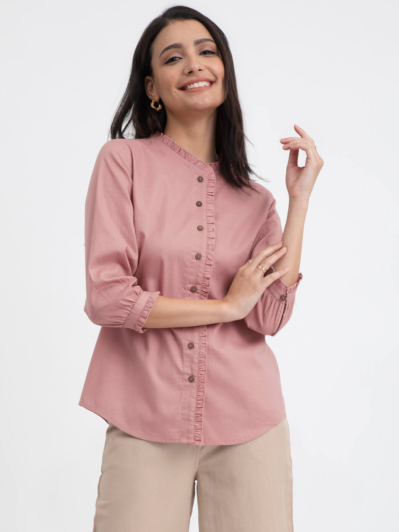 Solid Linen Blend Collared Top - Pink
