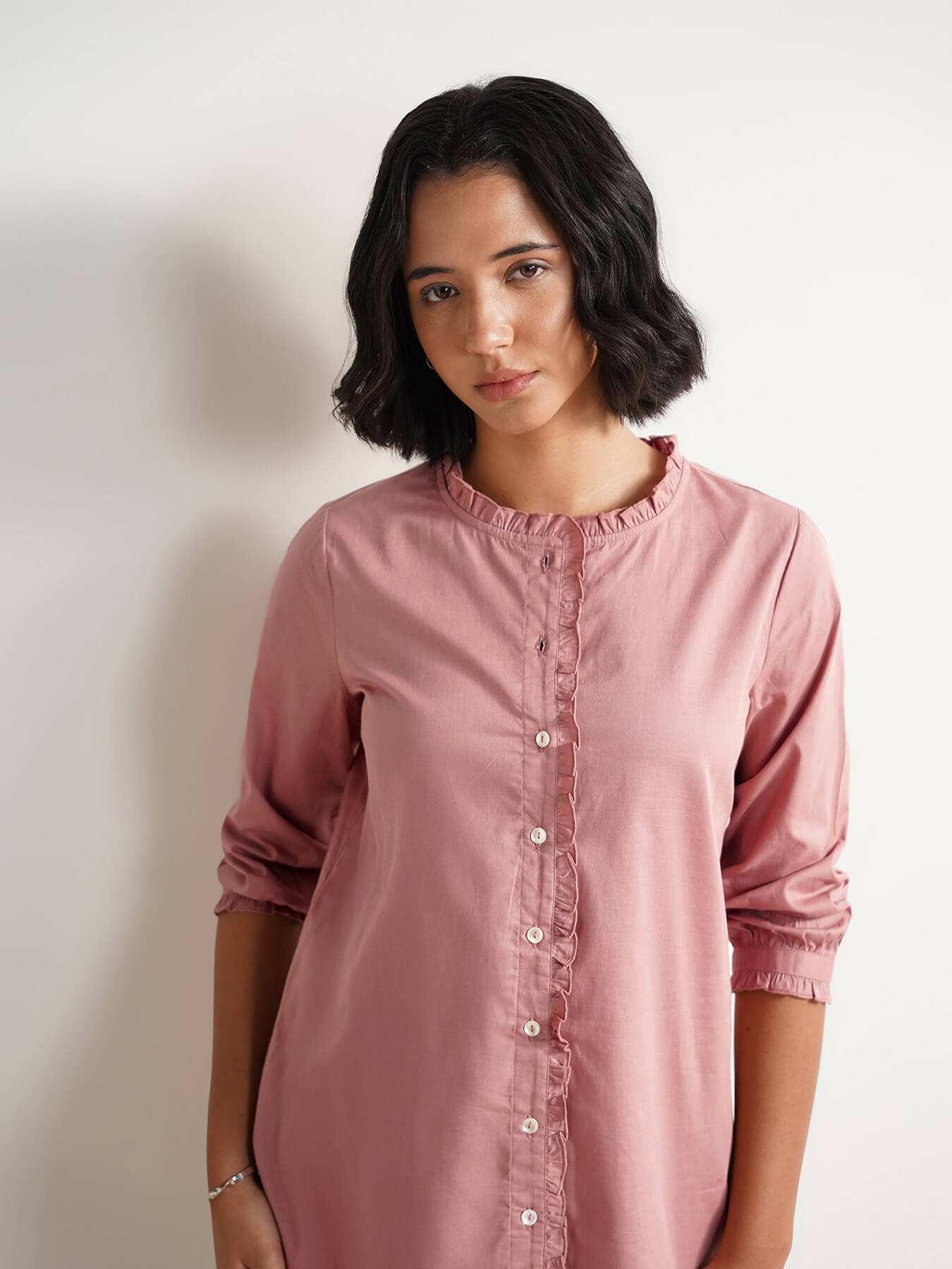 Solid Linen Blend Collared Top - Pink
