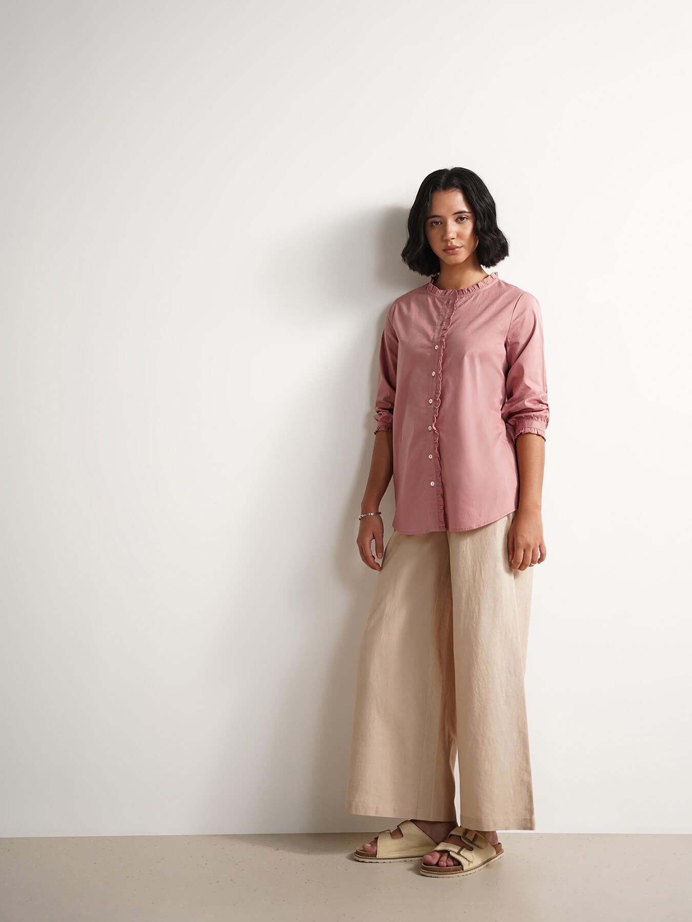 Solid Linen Blend Collared Top - Pink