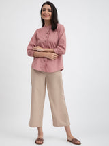 Solid Linen Blend Collared Top - Pink