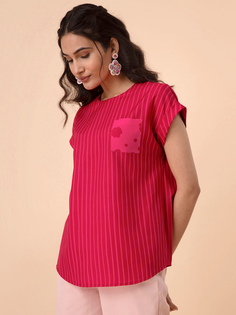 Striped Round Neck Top - Pink and Red