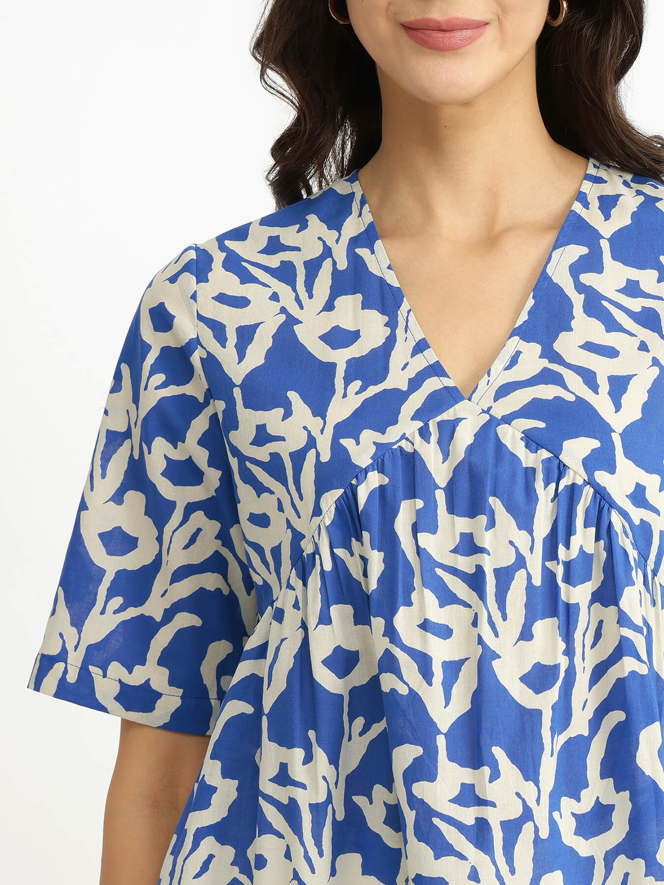 Cotton Floral V-Neck Top - Blue