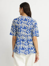 Cotton Floral V-Neck Top - Blue