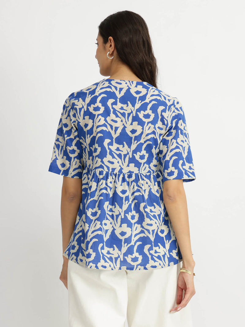 Cotton Floral V-Neck Top - Blue