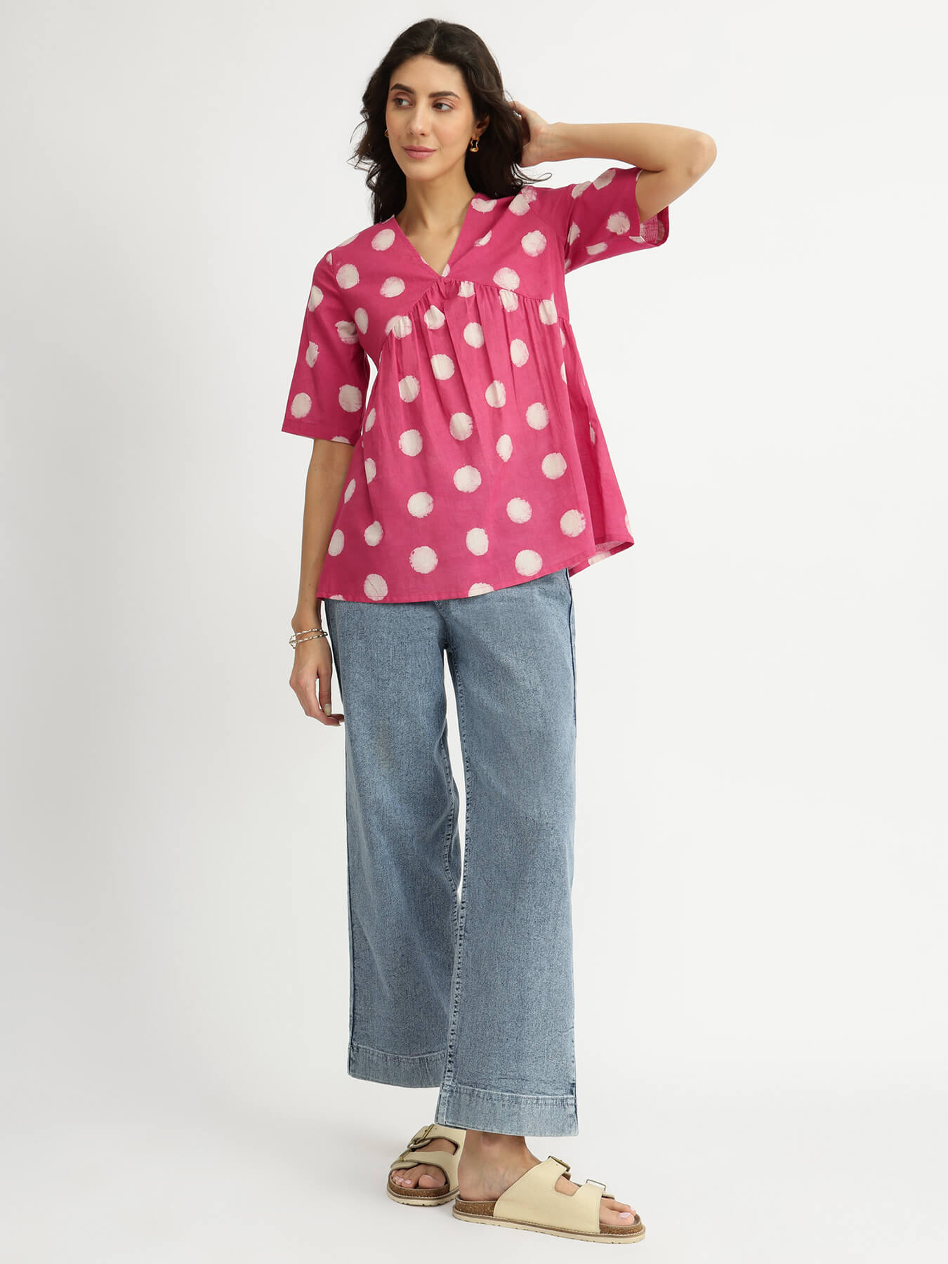 Cotton Dabu Handblock Polka Printed Top - Pink