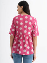 Cotton Dabu Handblock Polka Printed Top - Pink