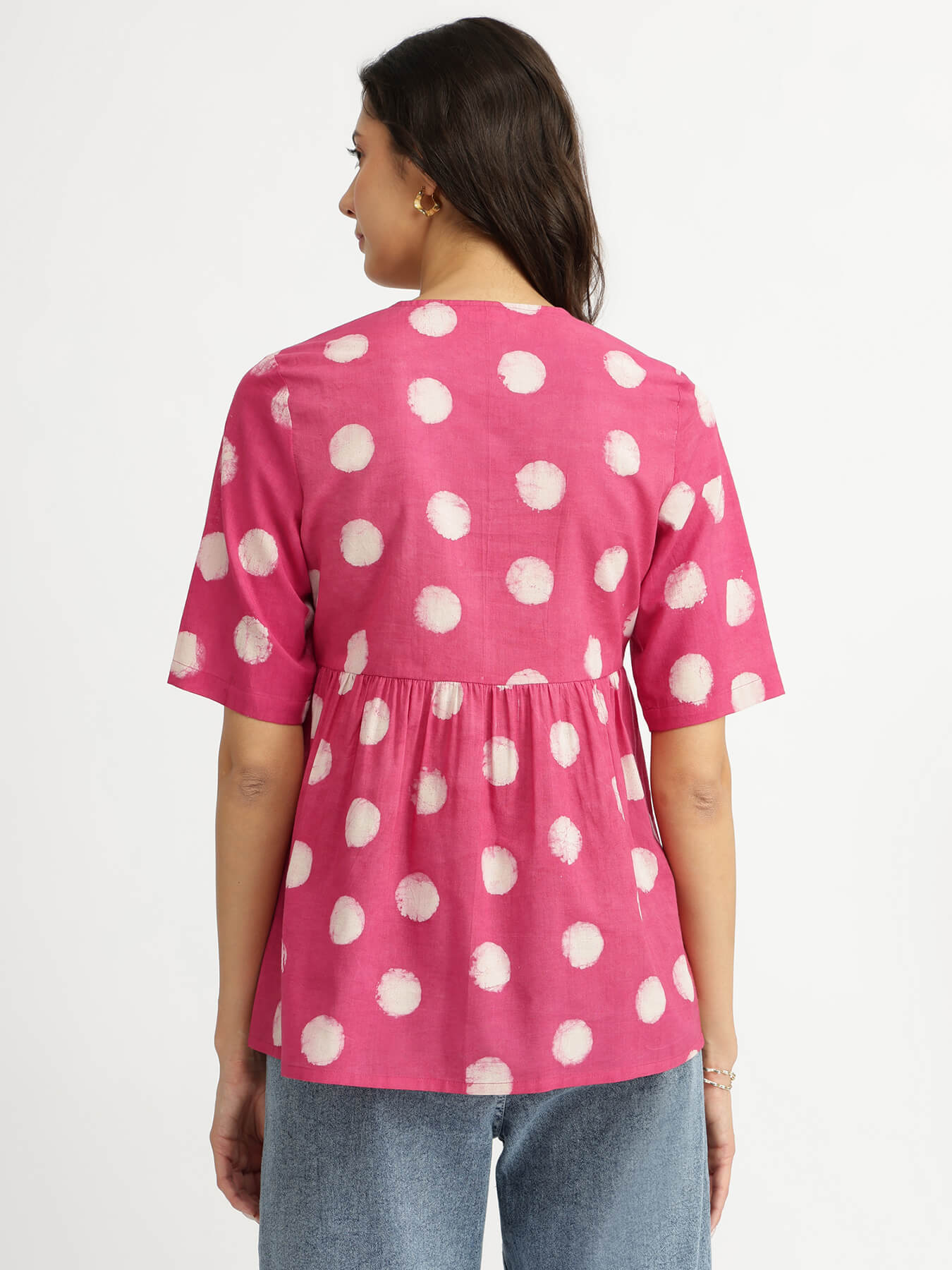 Cotton Dabu Handblock Polka Printed Top - Pink