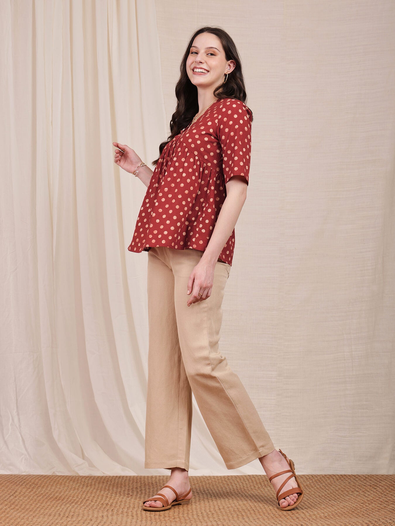 Cotton Ajrakh Polka Print Top - Red