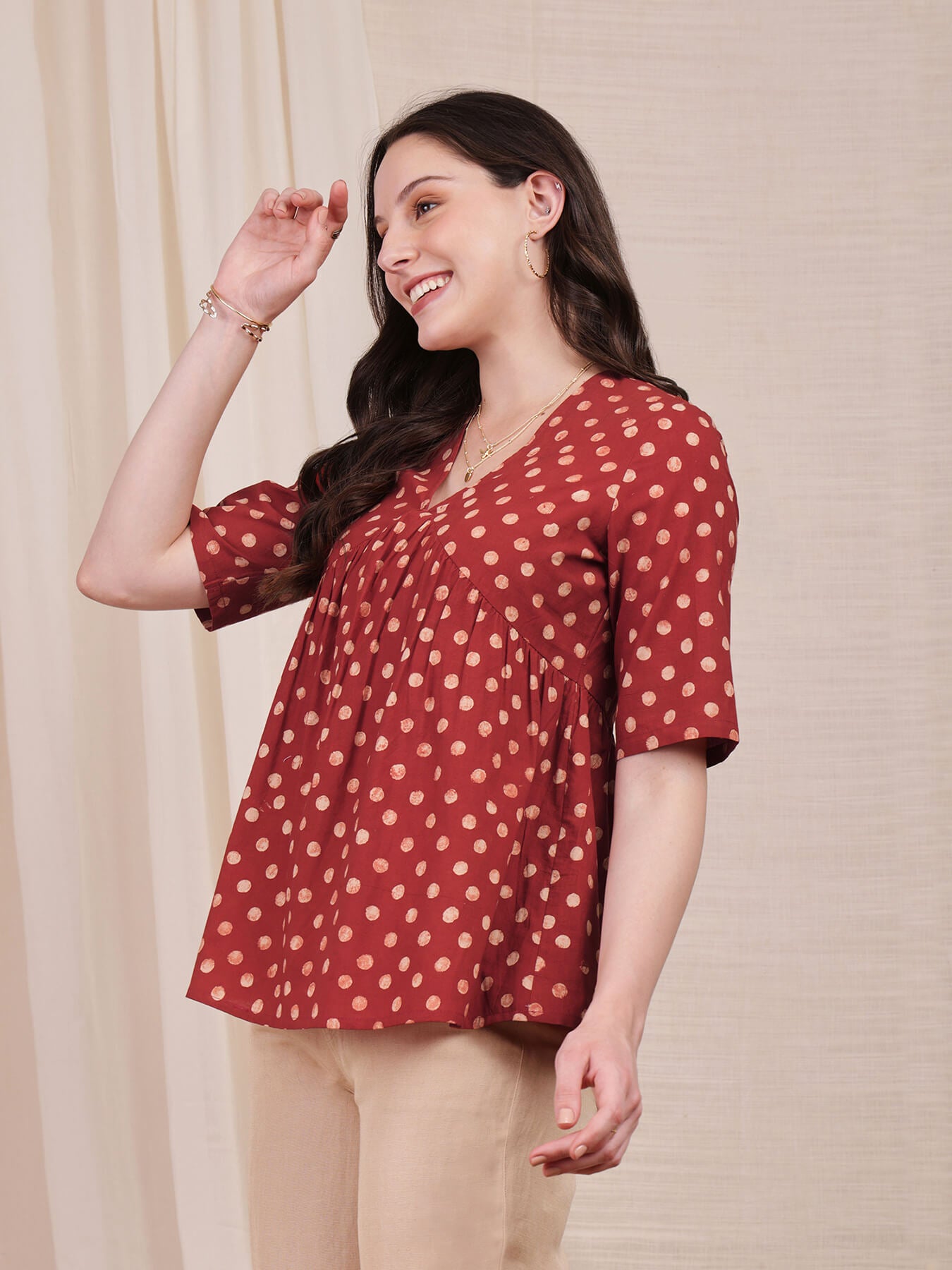 Cotton Ajrakh Polka Print Top - Red