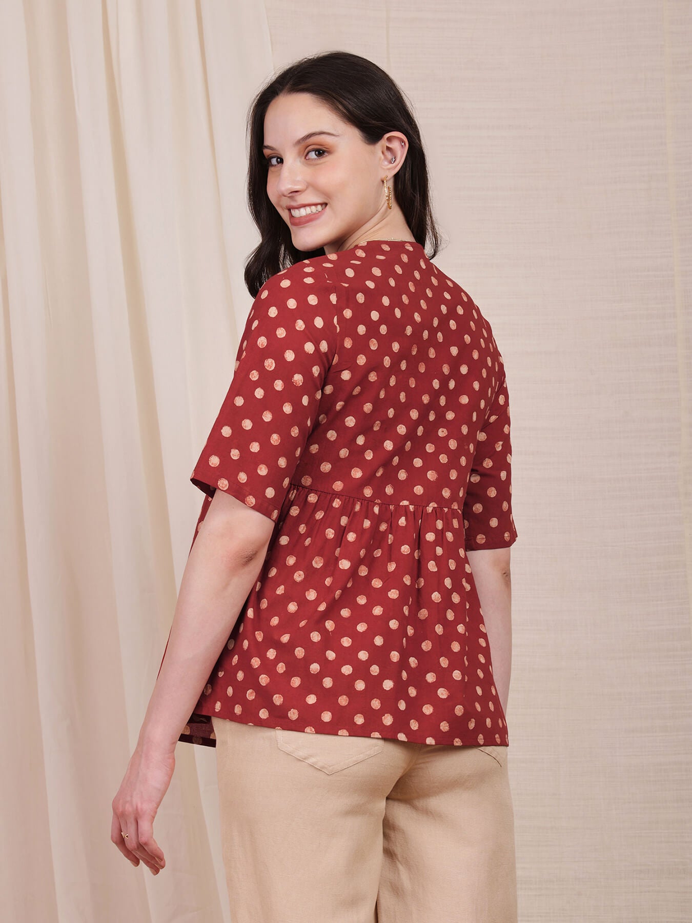 Cotton Ajrakh Polka Print Top - Red