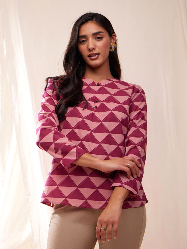 Cotton Geometric Print Top - Pink