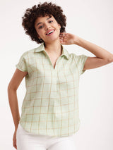 Cotton Shirt Collar Checked Top - Green