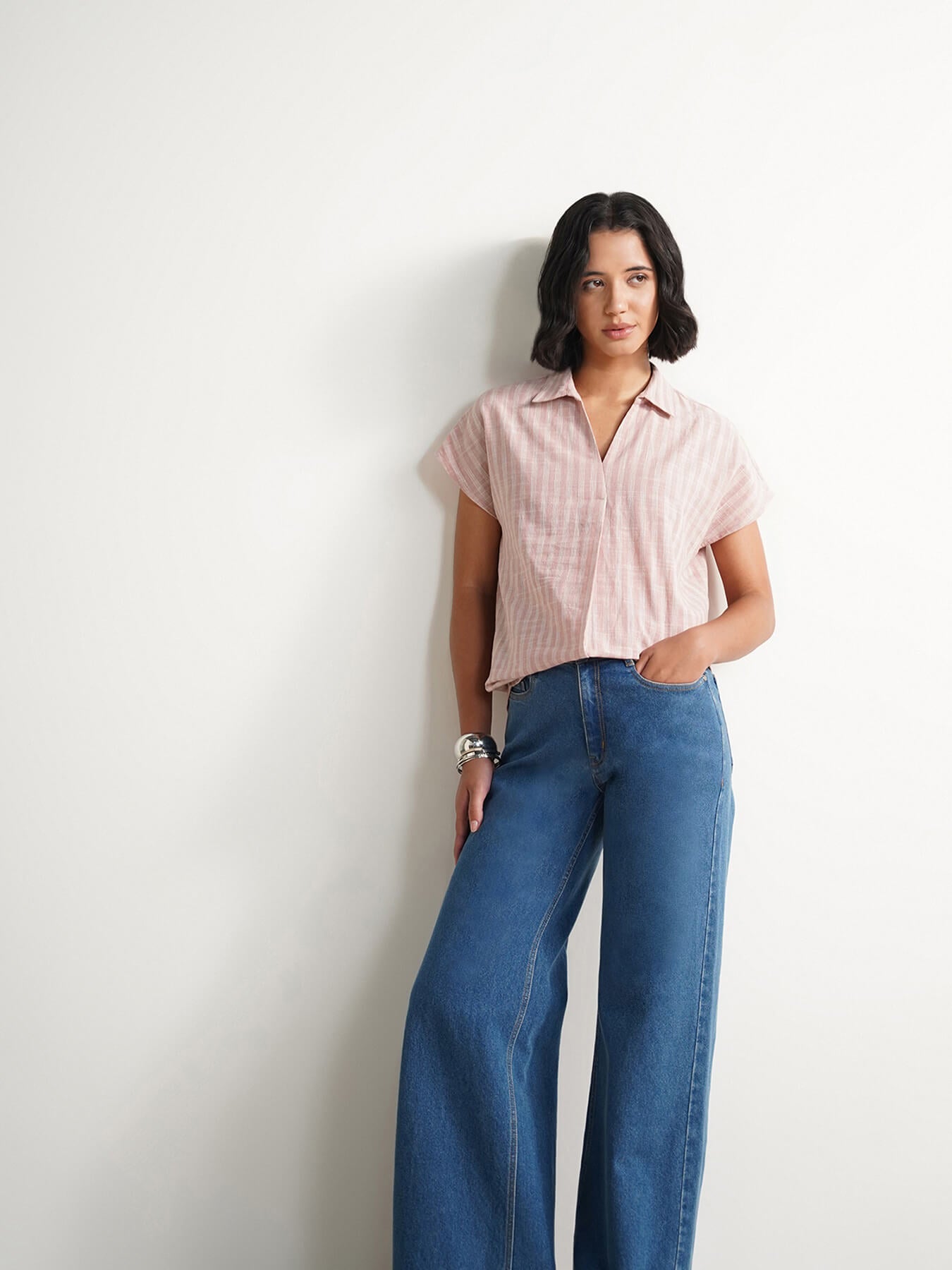 Cotton Checked Collared Top - Pink