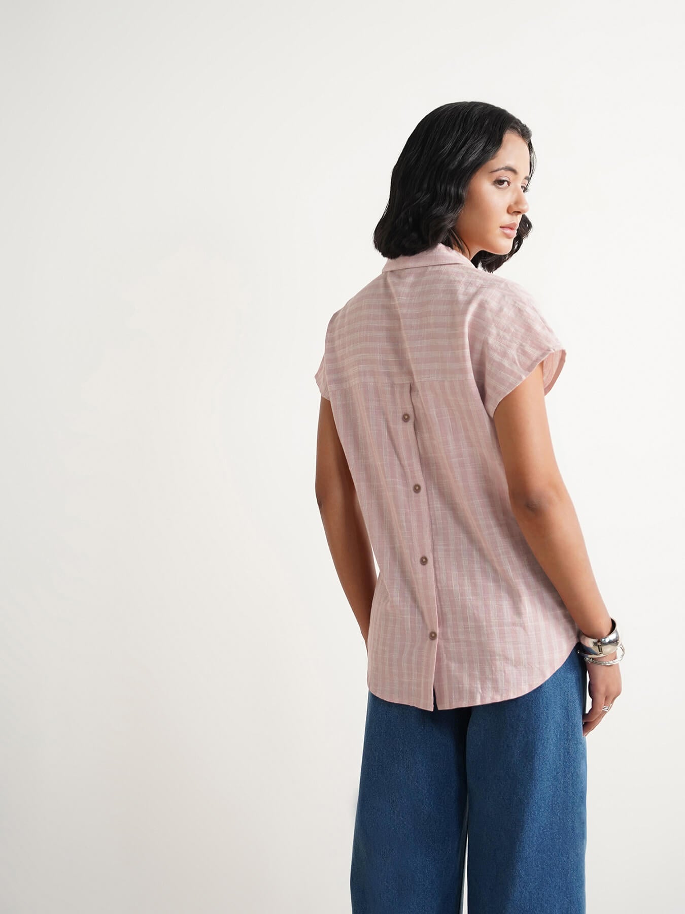Cotton Checked Collared Top - Pink