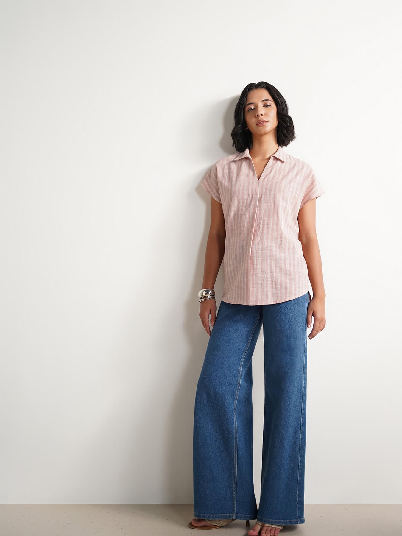 Cotton Checked Collared Top - Pink