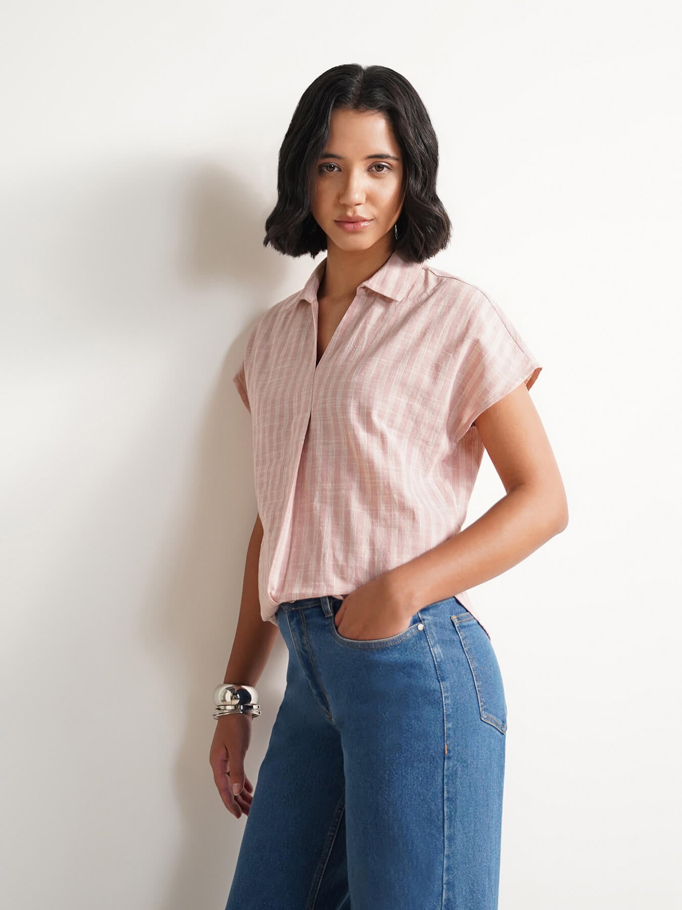 Cotton Checked Collared Top - Pink