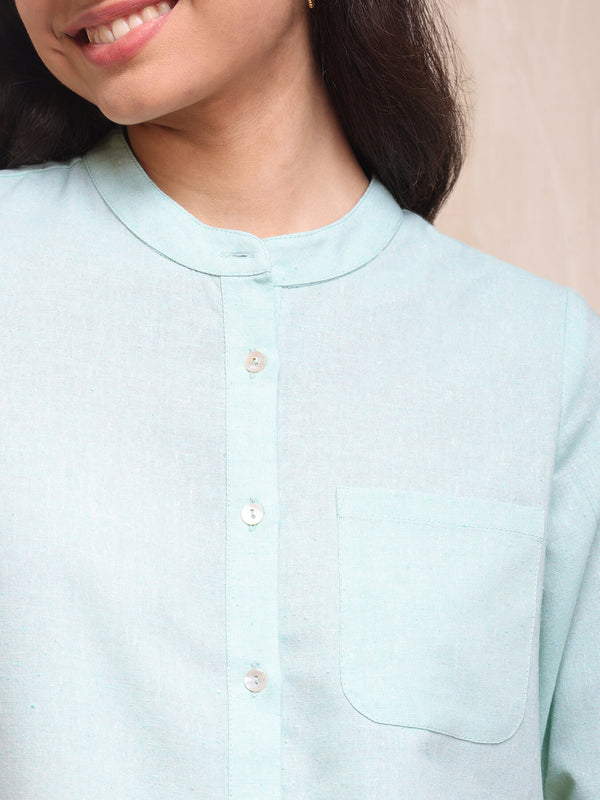 Cotton Chambray Buttoned Top - Green