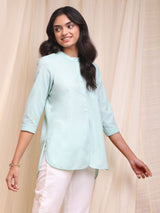 Cotton Chambray Buttoned Top - Green
