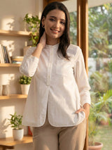 Linen Blend Mandarin Collar Top - White