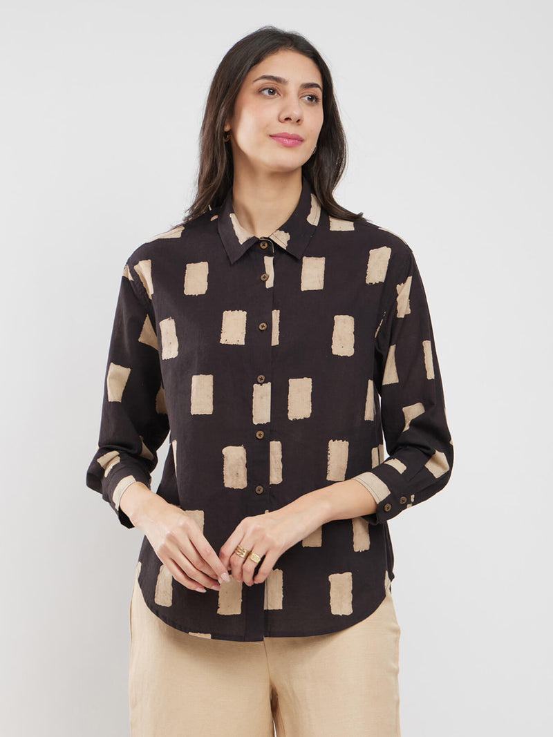 Cotton Ajrakh Geometric Print Shirt - Black