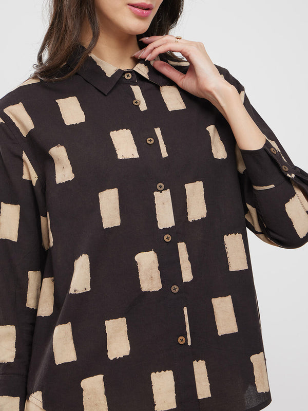 Cotton Ajrakh Geometric Print Shirt - Black