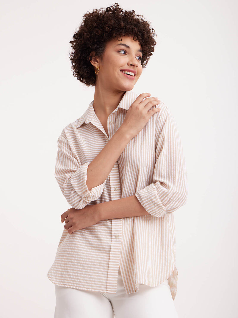 Cotton Striped Shirt - Beige and White