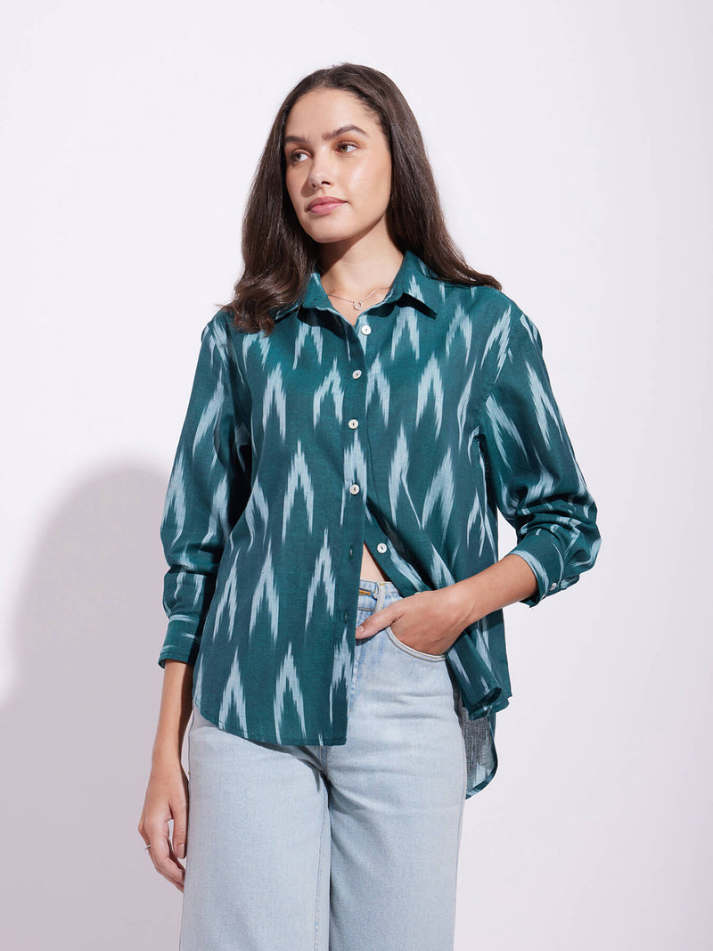 Cotton Ikat Full Sleeves Shirt - Green