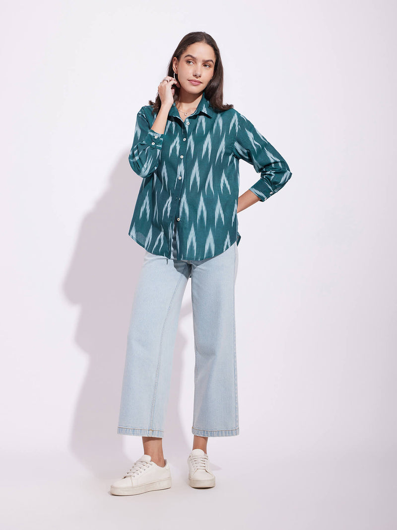 Cotton Ikat Full Sleeves Shirt - Green