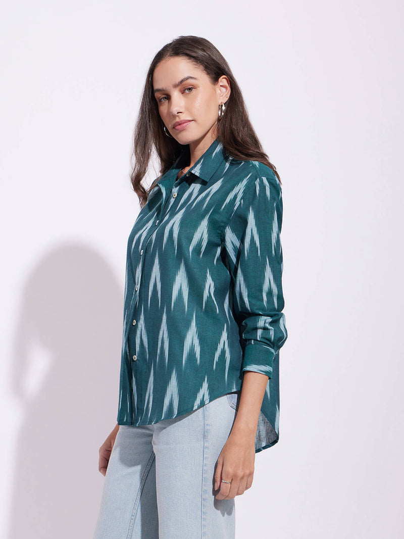 Cotton Ikat Full Sleeves Shirt - Green