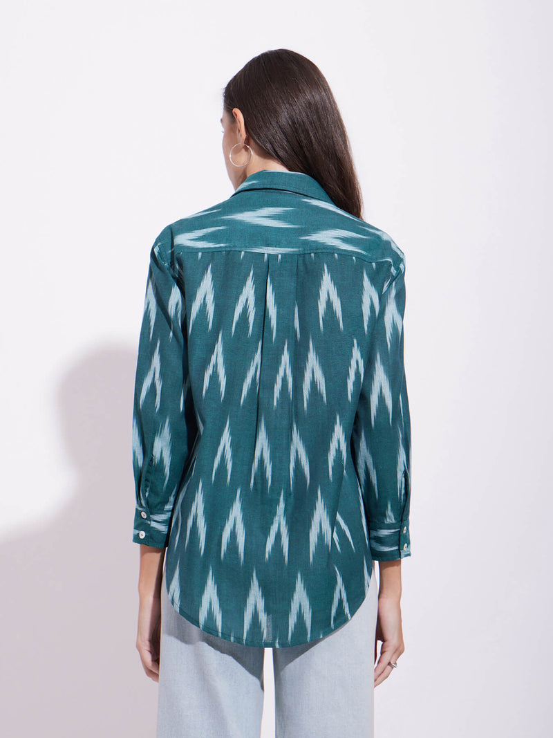 Cotton Ikat Full Sleeves Shirt - Green