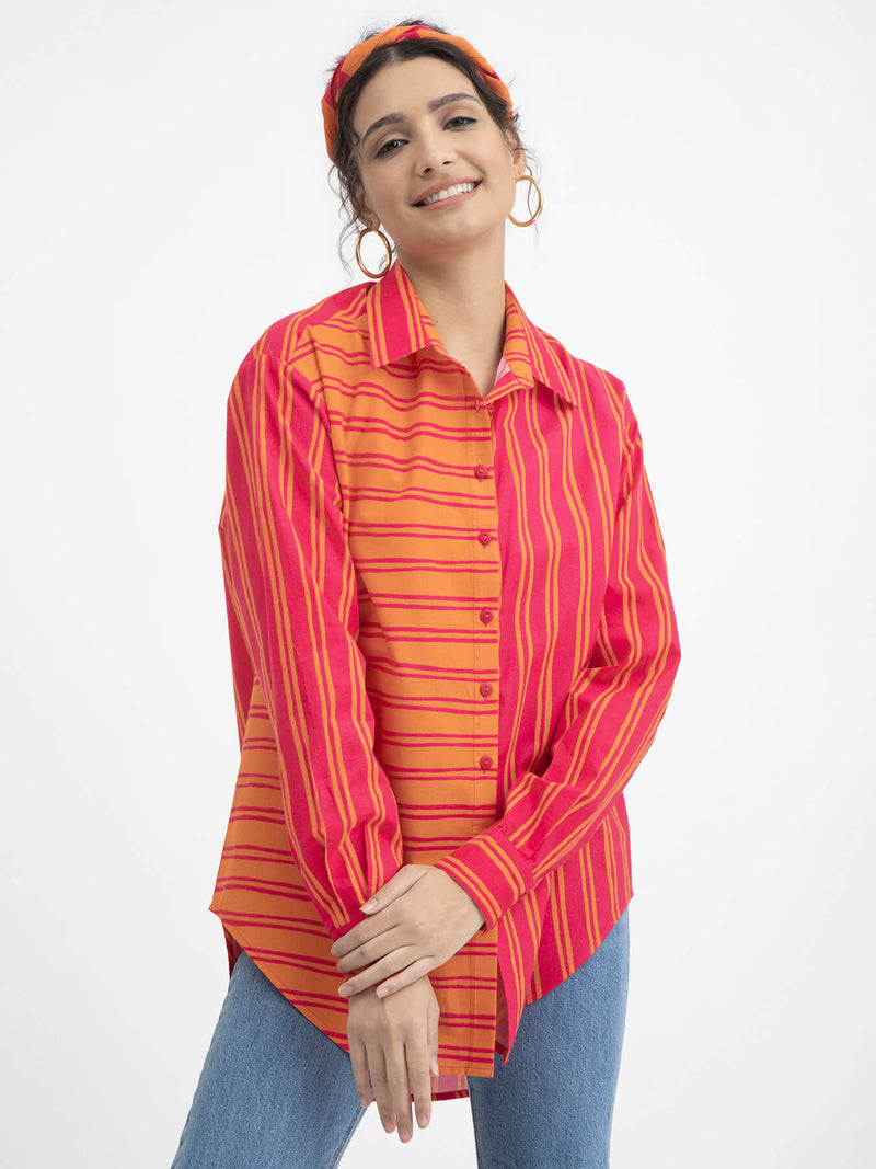 Cotton Poplin Shirt Collar Top - Pink & Orange