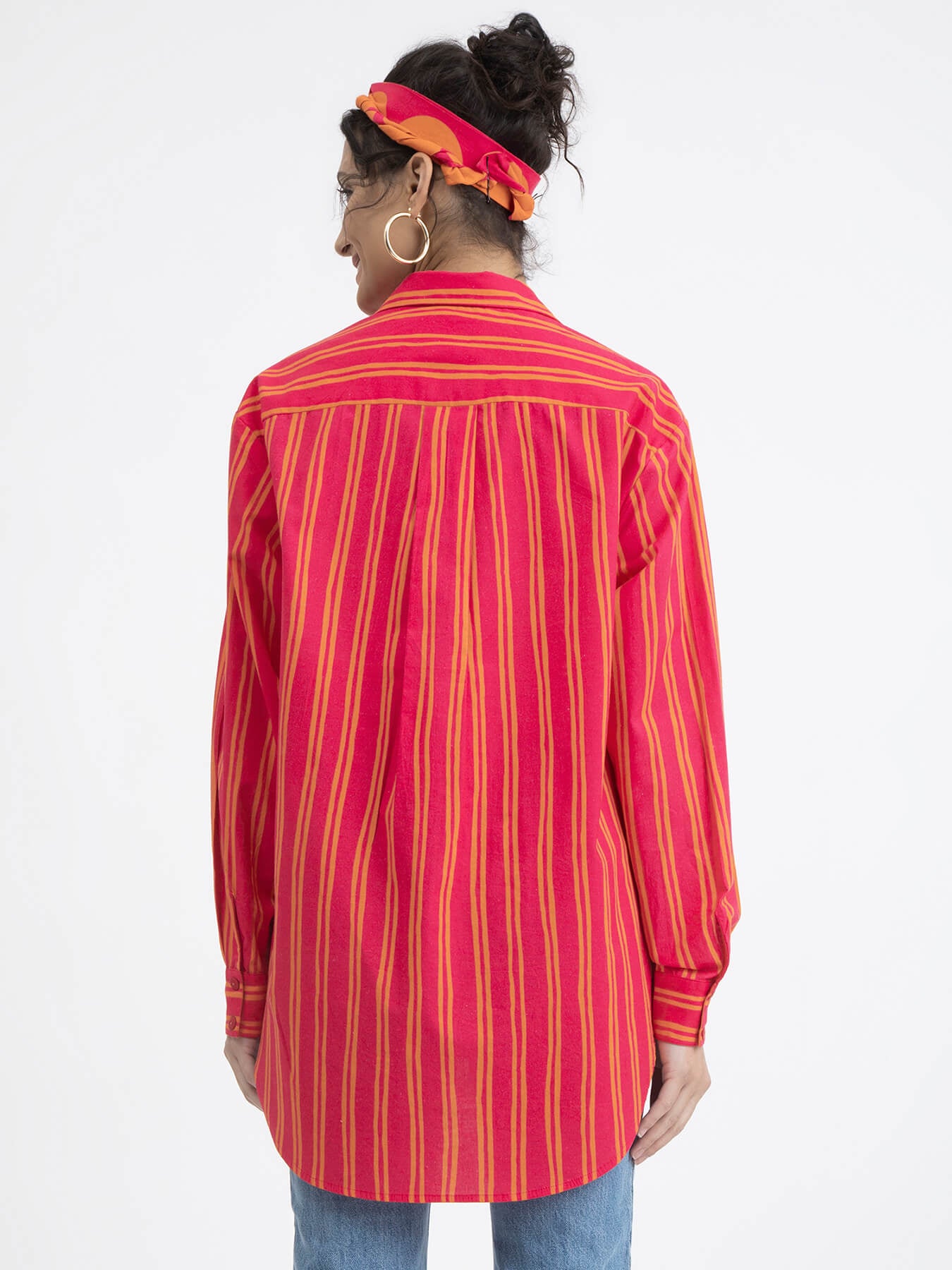 Cotton Poplin Shirt Collar Top - Pink & Orange