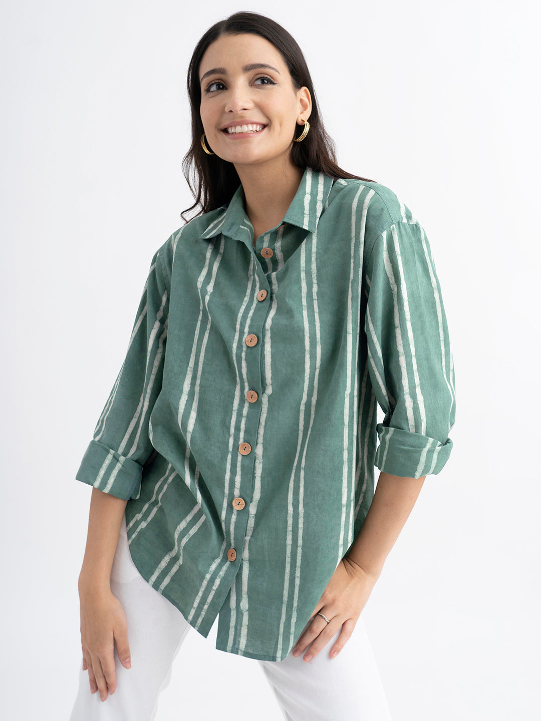 Cotton Dabu Handblock Printed Shirt - Green