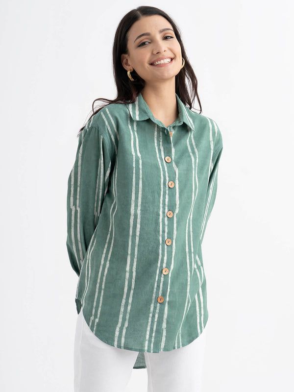 Cotton Dabu Handblock Printed Shirt - Green