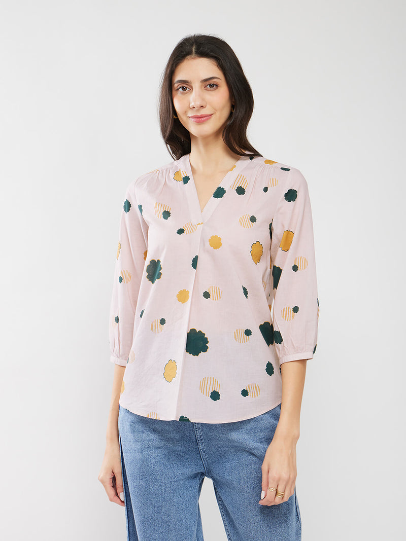 Cotton Floral V-Neck Top - Beige