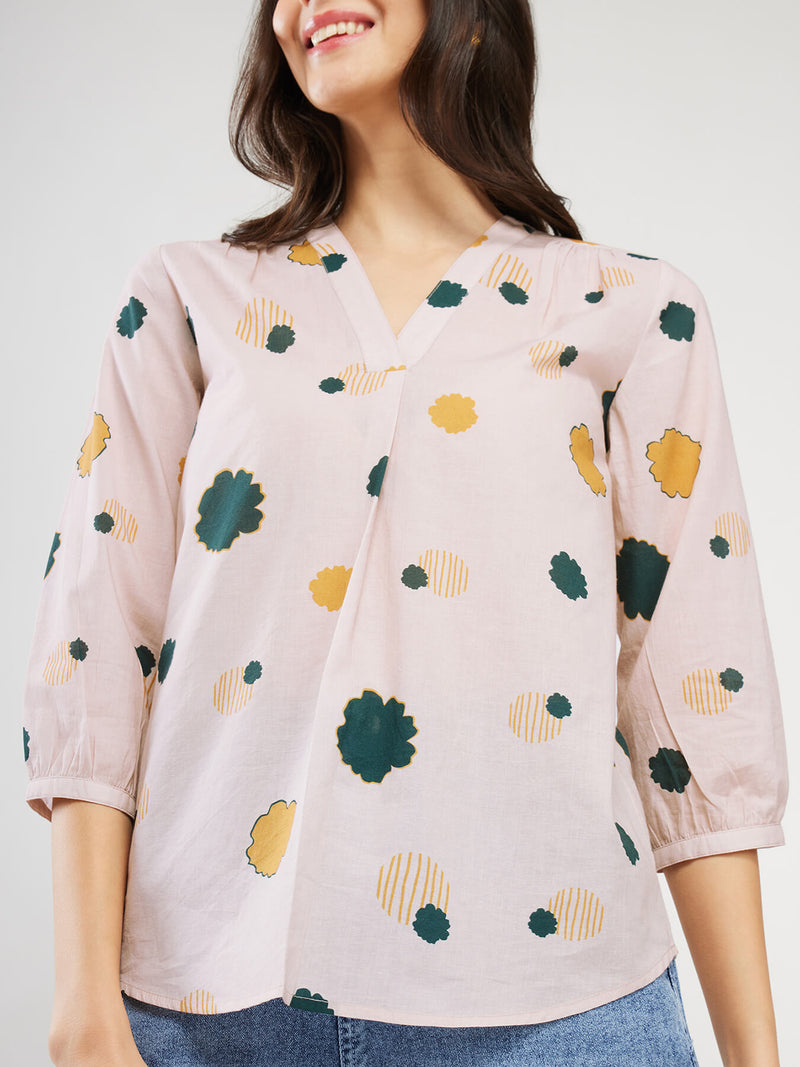 Cotton Floral V-Neck Top - Beige