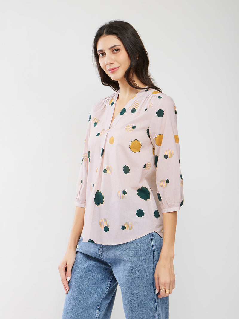 Cotton Floral V-Neck Top - Beige