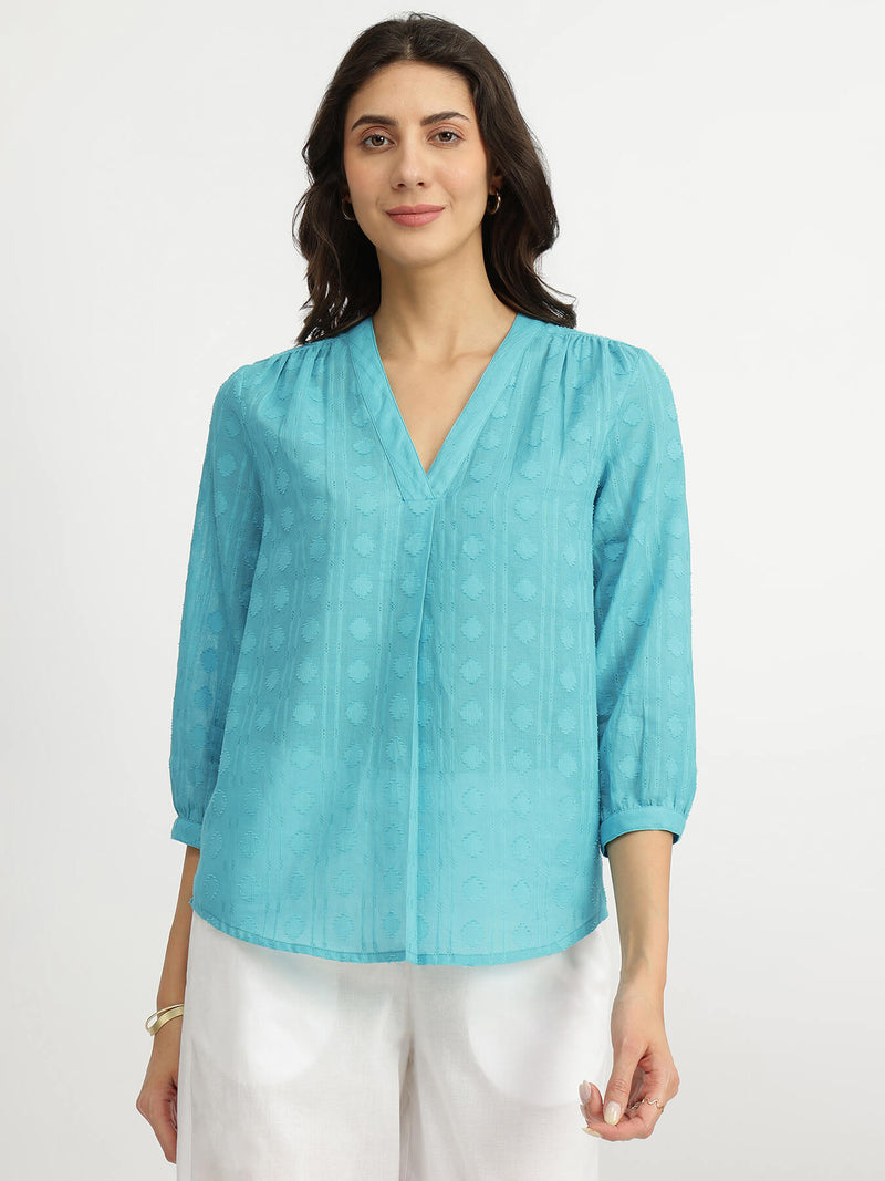 Cotton Jacquard V-Neck Top - Blue