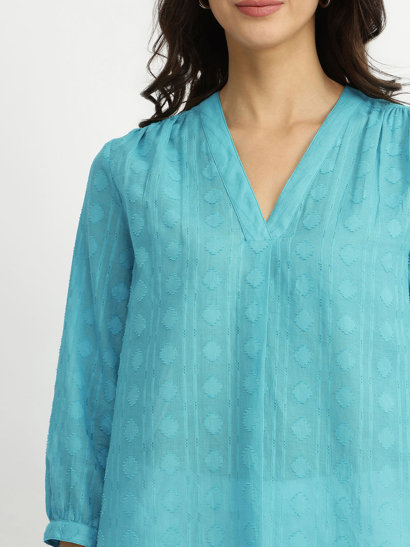 Cotton Jacquard V-Neck Top - Blue