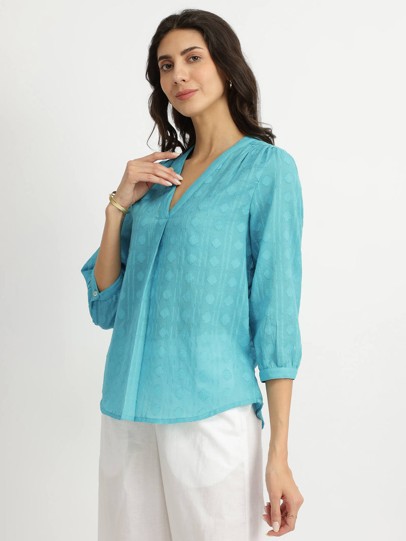 Cotton Jacquard V-Neck Top - Blue