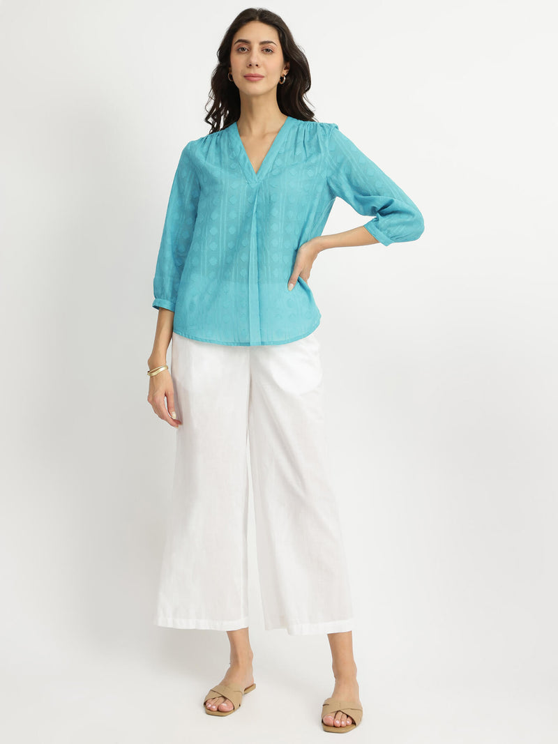 Cotton Jacquard V-Neck Top - Blue