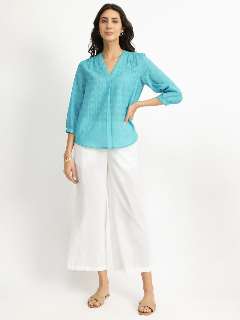 Cotton Jacquard V-Neck Top - Blue