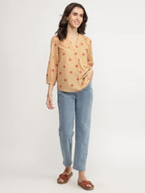 Cotton Floral V-Neck Top - Beige & Red