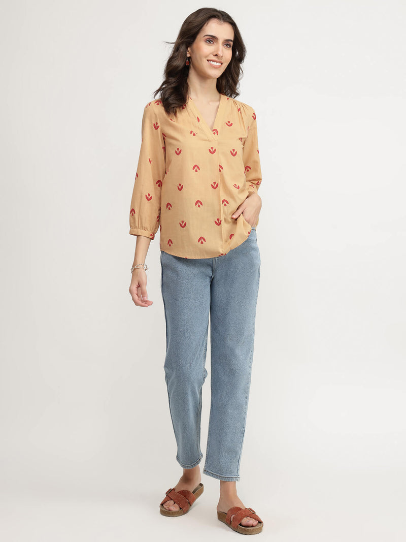 Cotton Floral V-Neck Top - Beige & Red