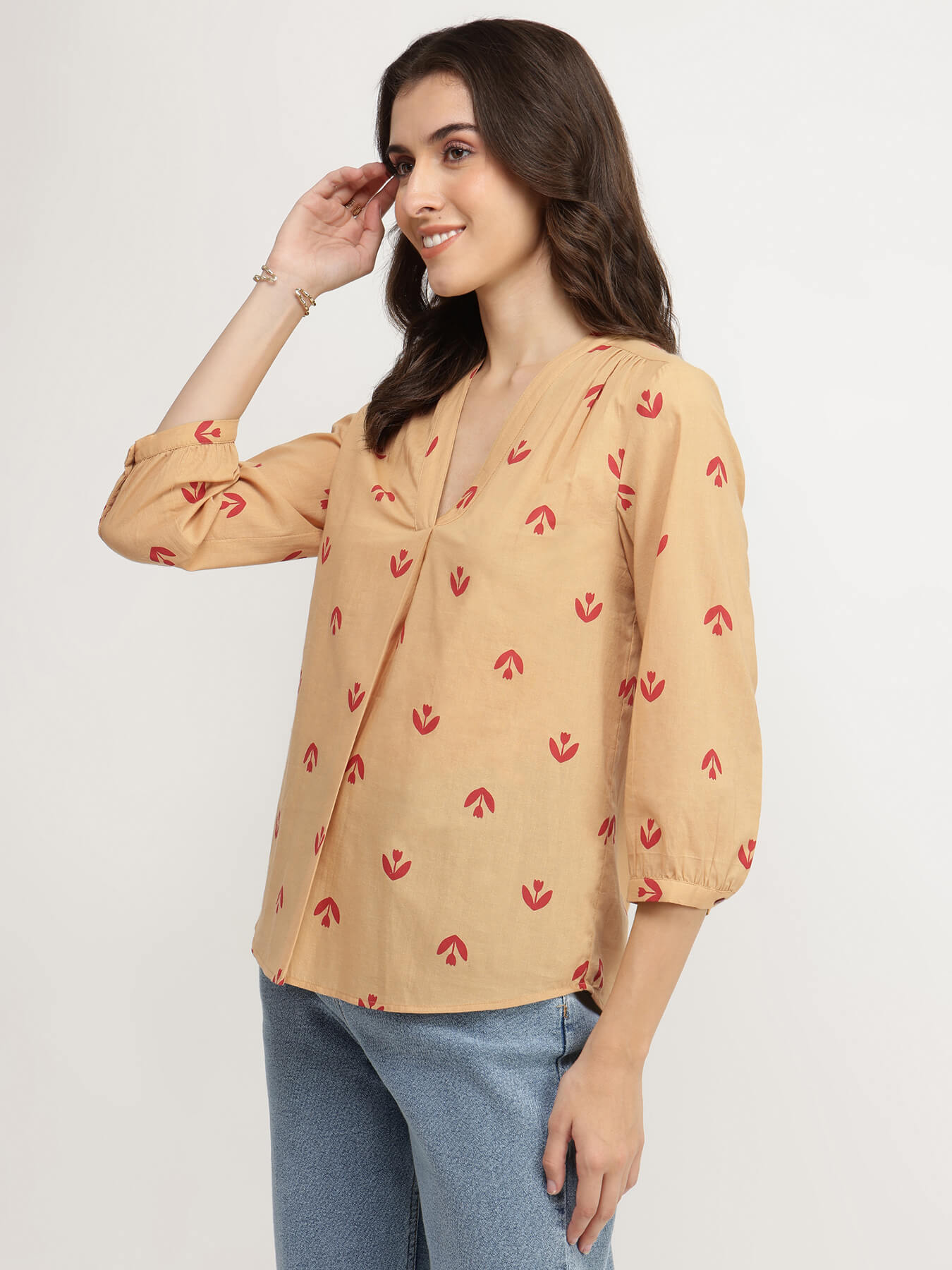 Cotton Floral V-Neck Top - Beige & Red