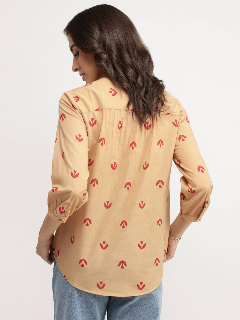 Cotton Floral V-Neck Top - Beige & Red