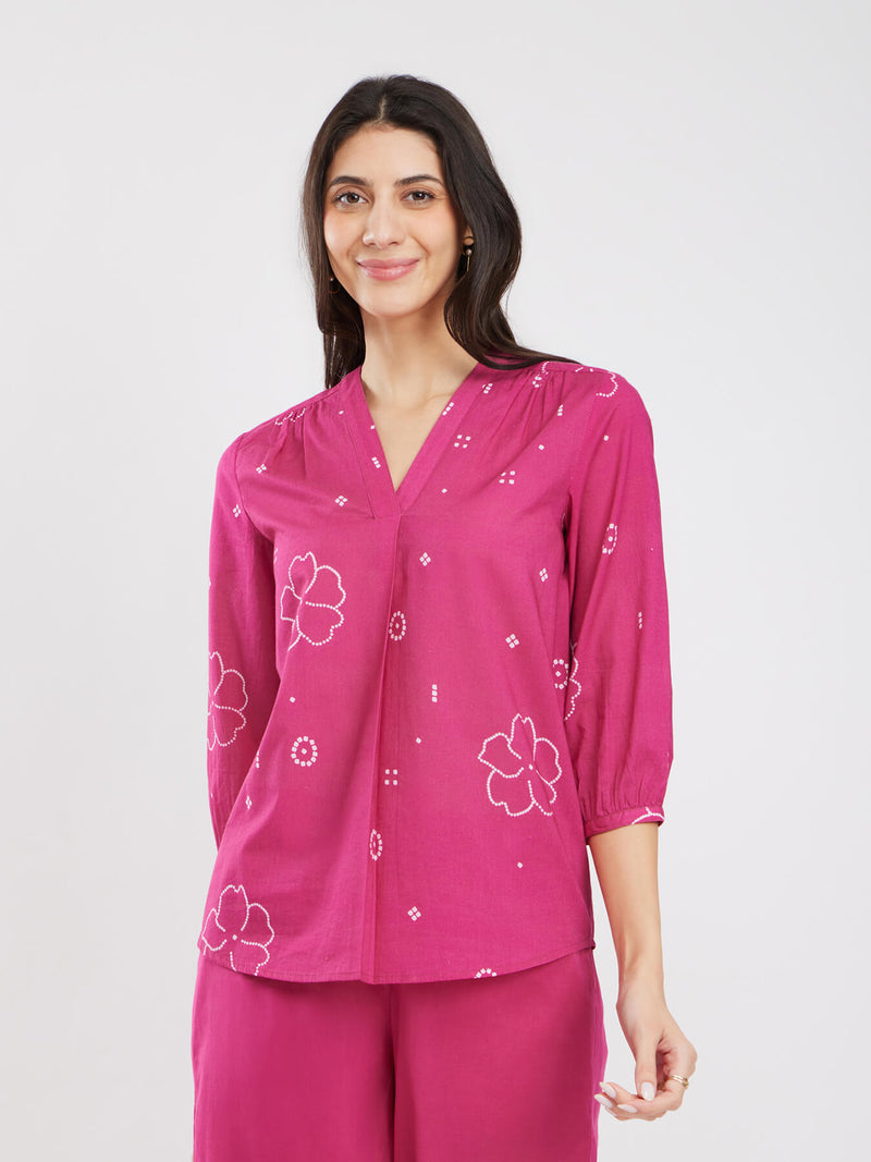 Cotton Bandhani Floral Pleated Top - Pink