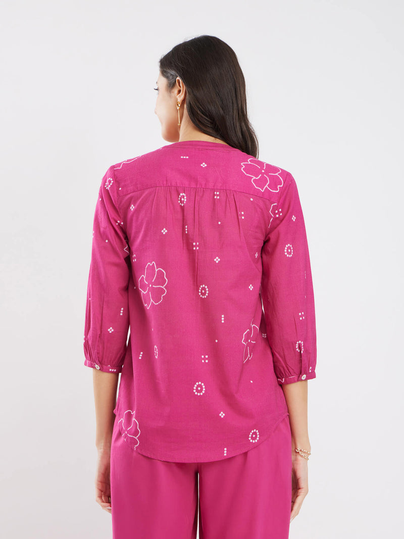 Cotton Bandhani Floral Pleated Top - Pink