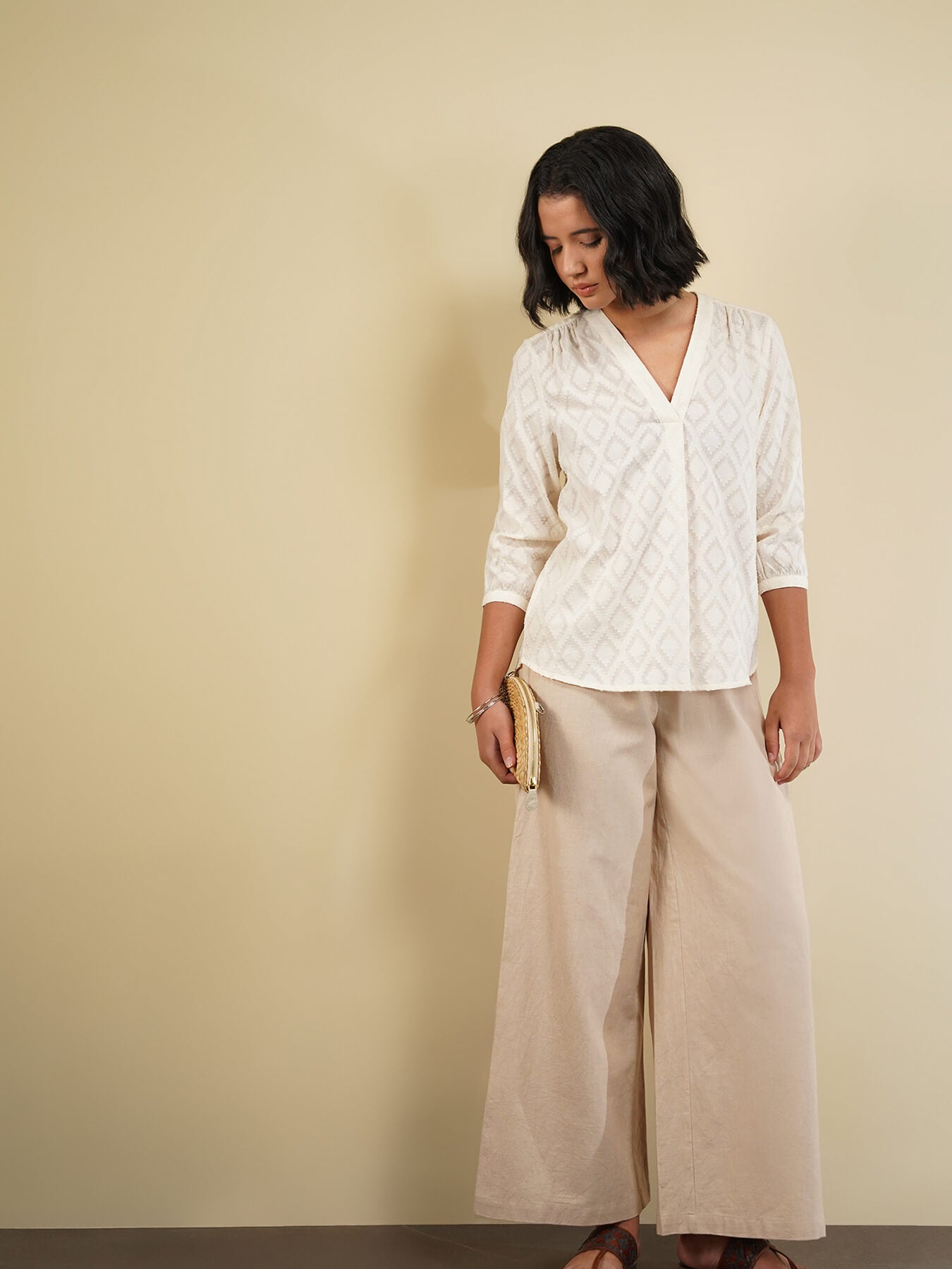 Cotton Jacquard Pleated Top - White